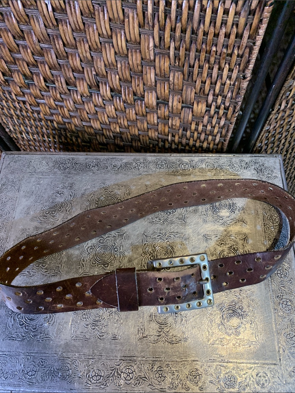 Vintage Multiple Holes Leather Large Buckle Belt